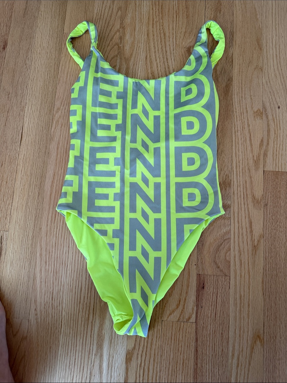 Fendi Neon Yellow and Gray Logo-Print One-Piece Swim